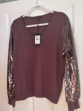 NWT Adrianna Papell Brown V-Neck Knit Top with Sequin Long Sleeves XL
